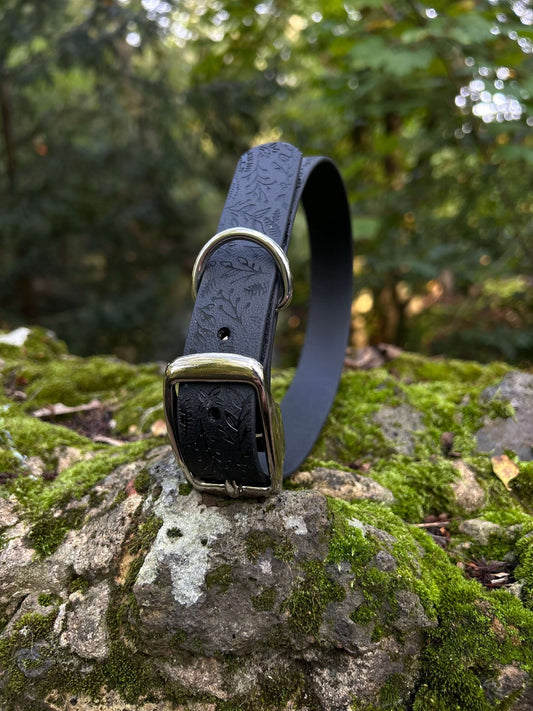 Waterproof Biothane dog collar custom embossed with a foliage print 